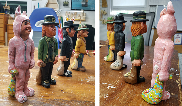 At left, four finished figurines showing their faces and bodies; at right, the same four figurines seen from the rear.  All are holding a bag at their side, but each character's is different: a Christmas stocking, a bag of money, etc.