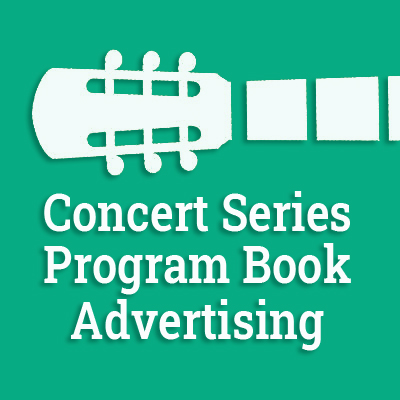 graphic button: the words Concert Series Program Book Advertising with graphic art of a guitar headstock