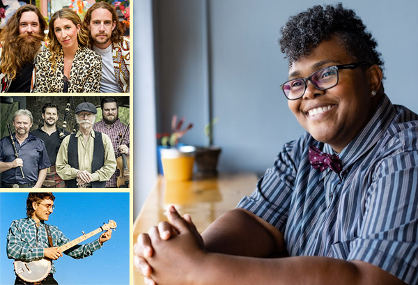 A montage of spring 2026 performers: Crys Matthews, Damn Tall Buildings, The Tannahill Weavers, and The Banjo: Torch Bearers and Trailblazers
