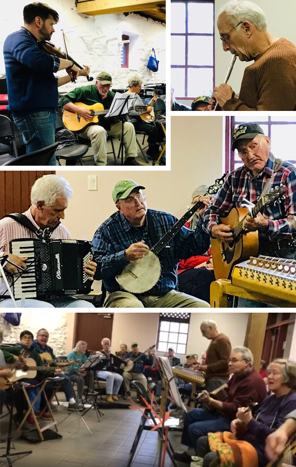 Montage of photos from a Susquehanna Folk jam in 2019. TOP LEFT: a bearded young man playing fiddle, with guitar and mandolin players in the background. TOP RIGHT: a gray-haired man playing pennywhistle. CENTER: accordion player, banjo player and guitarist, all older people. BOTTOM: wide-angle shot showing 16+ folk musicians sitting in a large oval, filling the room at Fort Hunter. They're playing a variety of instruments, including guitars, banjos, and a hammered dulcimer.