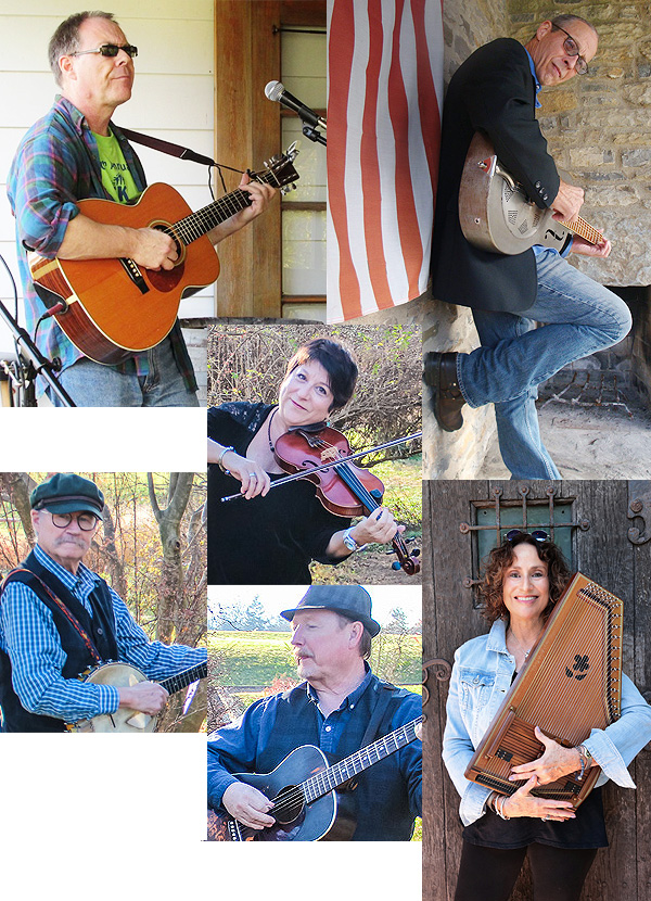 A montage of Open House performers: clockwise from lower right: Eileen Kozloff cradles an autoharp in both arms, holding it upright against her body -- Beverly Street's Allan Carr plays his guitar, Bill Wellington holds his banjo and Janie Rothfield plays her fiddle -- Stu Miller performs with his guitar -- Hank Imhof leans against a stone wall, playing a dobro guitar