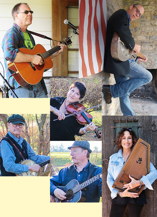 A montage of Open House performers: clockwise from lower right: Eileen Kozloff cradles an autoharp in both arms, holding it upright against her body -- Beverly Street's Allan Carr plays his guitar, Bill Wellington holds his banjo and Janie Rothfield plays her fiddle -- Stu Miller performs with his guitar -- Hank Imhof leans against a stone wall, playing a dobro guitar
