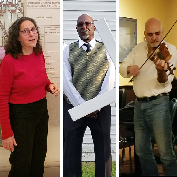 Montage: Susan Leviton talks about her artwork, James MacFarland stands behind a large wooden cross, and Mike Furjanic plays his fiddle.