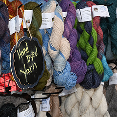 A display of hand-dyed yarn for sale