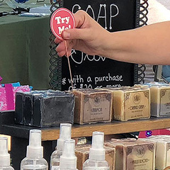 A display of handmade soaps for sale