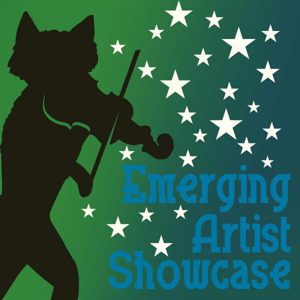Decorative image of our fiddling festival fox, a black silhouette against a green background, with the words 'Emerging Artist Showcase' in teal at bottom right and numerous white stars of various sizes
