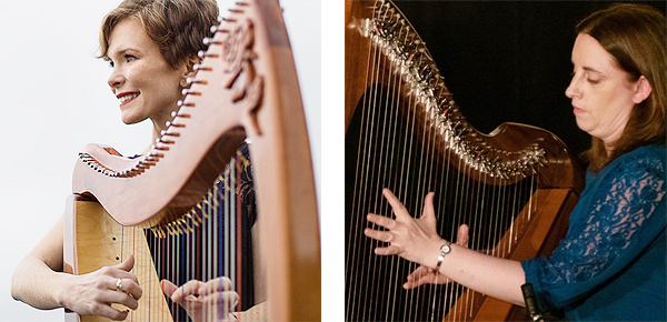 Apprentice Mary-Kate Lee (left, with Irish harp) and Master Grainne Hambly (also with harp)