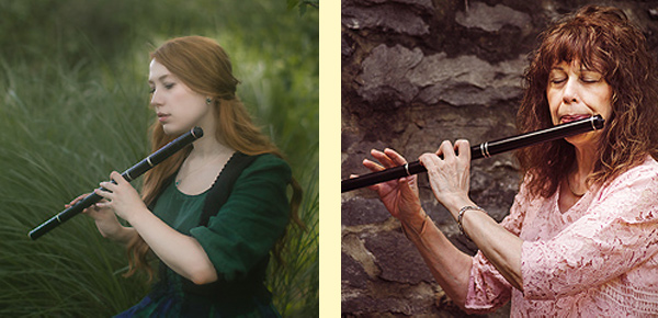 Apprentice Courtney Fox (left, with Irish flute) and Master Lesl Harkier (also with flute)