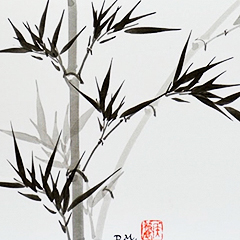 Bamboo leaves and stems in varying shades of gray and black are a common motif in traditional Chinese painting. This image was painted by Diana Meng.
