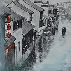 A portion of Diana Meng’s acrylic painting of houses along a canal