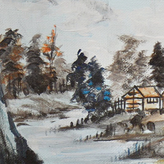 A small house nestles by a riverbank in a mountainous area -- a portion of a traditional Chinese landscape by Diana Meng.