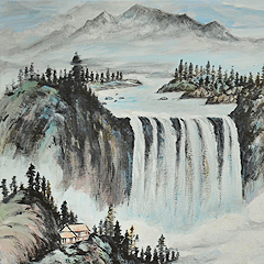 A large waterfall flows from a mountain platea lake down a cliff into a misty riverbed with a house on the shore -- a portion of a traditional Chinese landscape by Diana Meng.