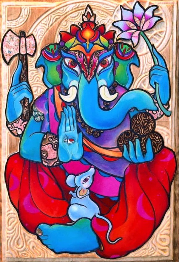An illustration inspired by the art of India.  A turquoise elephant sits cross-legged, with eyes that look like a dragon’s and a jewel-toned lotus head-dress.  It has four human hands in various poses: one holds a pink floral hatchet upright; one holds a pink-and-blue flower on a long stem; one holds three patterned balls; one faces palm-out, with an open eye in the center of its palm.  The elephant is wearing red silk pants with purple crescent moons. A large mouse sits on the elephant’s foot, gazing up at its face.