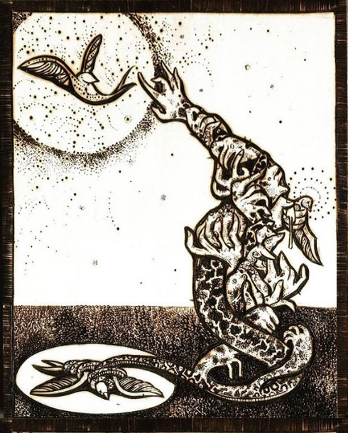 A black-and-white work inspired by historic woodcut illustrations. In the top left corner, a bird  seems to be falling from the sky, with wings stretched up but its back facing the ground.  It is drawn against a round disc that seems to rise a bit out of the paper.  In the bottom left corner, a bird is face-down on the ground with wings outstretched, within a disc that looks like a spotlight on a stage.  At right is a monster of some kind, holding the grounded bird in a tentacle and reaching an arm toward the falling bird.  It seems to be holding a third bird against its body.