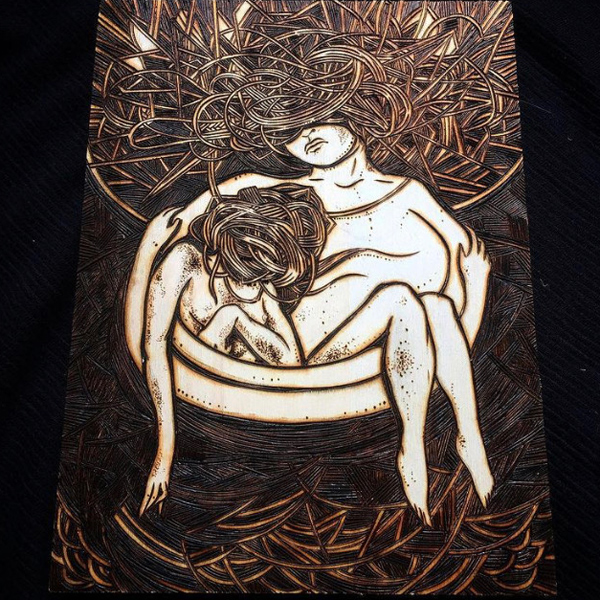 A black-and-white work inspired by historic woodcut illustrations.  It depicts two people in a bowl, perhaps a coracle boat. Both faces are mostly hidden by large quantities of fanciful hair that recalls basketweaving, Celtic knots, or a crown of thorns. One of the figures seems to be a slender woman drooping with exhaustion; the other might be a larger-figured person, or perhaps even part of the boat, since it almost seems to hold the slender woman in its arms.