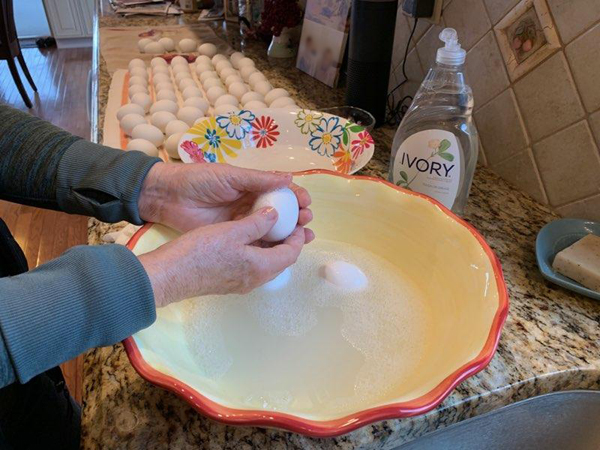 Barbara washes the eggs. The sudsy wash-water is in a large ceramic basin, yellow with a wavy edge that’s painted. Barbara is rubbing one egg in both hands; two more eggs sit in the wash-water. On the countertop beyond the wash basin are rows and rows of eggs laid on a towel.