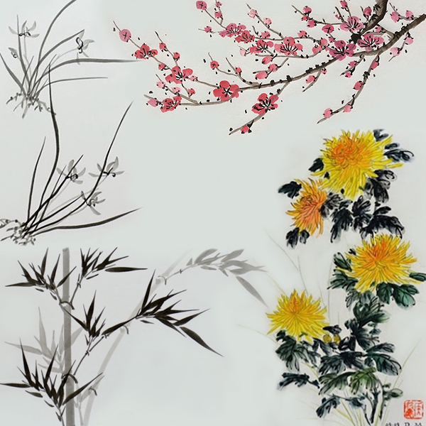 This montage shows four botanical drawings representing the four basic brush patterns in Chinese painting.  At left are the black-and-gray drawings: very angular, contrasty bamboo at the bottom and the grass-like stems of orchids.  At right are a bushy chrysanthemum plant with four big orange-yellow spider-mum blooms, and two long branches of flowering plum tree with several dozen small dark-pink flowers and buds all along the twigs.