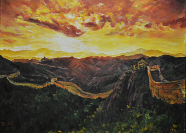 Diana’s painting of the Great Wall, cast in shadow, with a brilliant orange and red sunrise over the mountains.