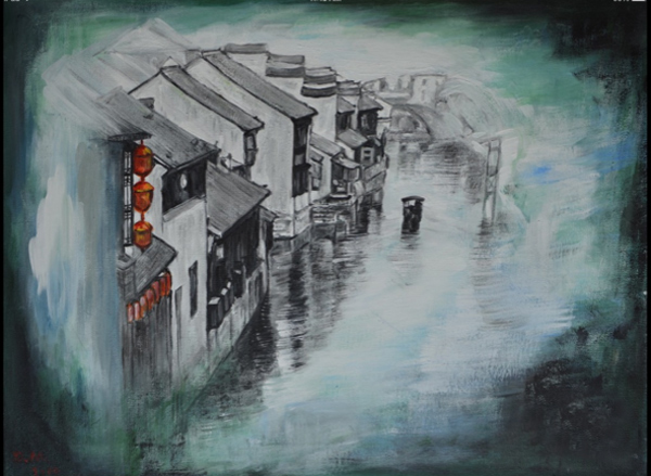 This painting shows a row of two-story houses built right at the edge of a canal.  The closest house has several red Chinese lanterns hanging from the eaves, which is the only bright color; the rest of the painting is in shades of gray.