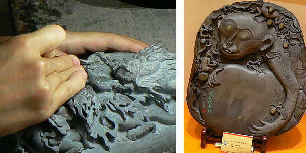 At left, a closeup of an artisan’s hands carving an elaborate recumbent dragon in stone. At right, a historic inkstone decorated with a carved monkey embracing a large fruit.