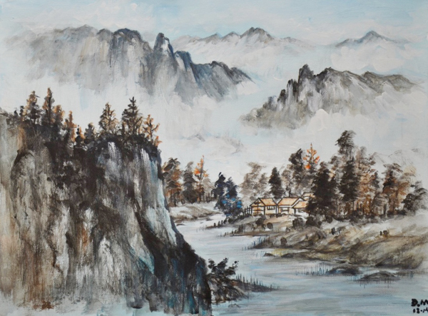 This painting shows a river flowing through a mountainous area, with a small house nestled close to the river amongst a grove of evergreen trees.  The mountains in the background are shrouded in mist.