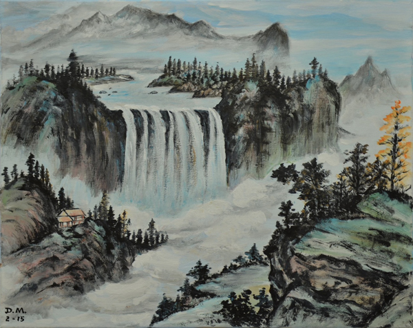 This painting shows a wide waterfall coming down from a lake, with seven separate falls merging into one. The lake is in a mountain plateau and ringed by trees. On a smaller hill by the left side of the falls, a small house is nestled into the rocky hillside. The mountains in the background are shrouded in mist, and the waterfall is falling into deep clouds of fog which fill the river valley.