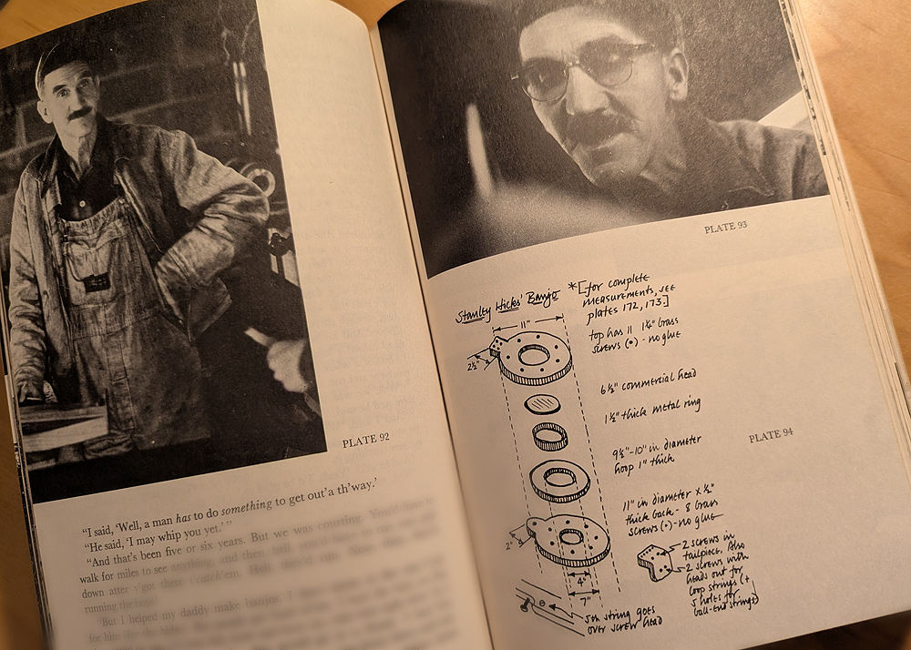 An open book. On the left pagy is a photo of Stanley Hicks wearing overalls and standing in a workshop. On the right is a photo of Mr Hicks working on a banjo, and a hand-drawn diagram showing how the pieces of a banjo fit together.