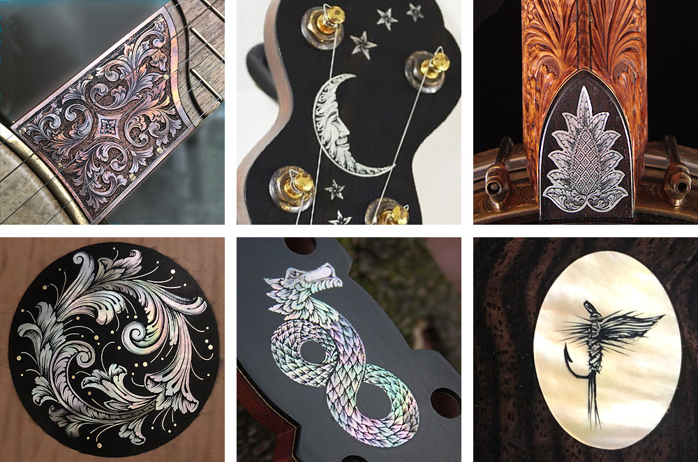 Montage of six close-ups of Glenn’s custom inlays and engravings. Clockwise from upper left: a copper scoop plate at the end of a fretboard, with iridescent engravings; a man-in-the-moon with stars; a stylized pineapple; a mayfly fishing lure; a dragon coiled in a figure 8, and a round stylized floral design.