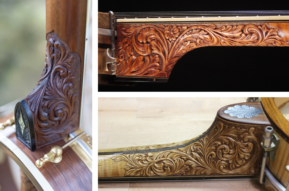 Montage of three close-ups of Glenn’s elaborate woodcarving on banjo heels where the fretboard joins the wooden hoop.