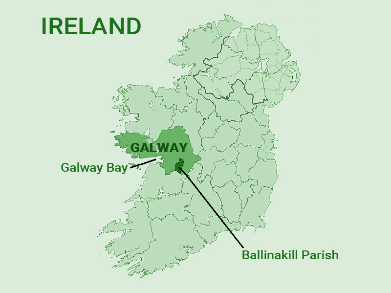 A map of Ireland showing county lines. Galway is about halfway up the western coast.  A lake divides it into two parts. West Galway is about a third of the county and has quite a lot of Atlantic coastline. East Galway is about two-thirds of the county and is almost all inland except for the bit facing Galway Bay.