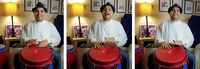 Three images of Pedro Antonetty playing a drum, taken sequentially. The image on the right is the same as the first one in this article.