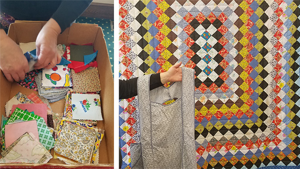Two shots side by side.  At left, Sharon’s hands flip through 3-inch squares of various fabrics in a box.  At left, Sharon’s arm reaches into the frame, holding a pinafore apron made of tan calico with gray edge-binding.  Behind the apron is the quilt described in the first photo, with its concentric rectangles of multi-colored diamonds.