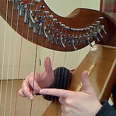 A woman's hands touch the strings of an Irish harp, one hand on each side of the instrument.  Her left hand points out one of the fingers on her right hand, which is poised to pluck a string.