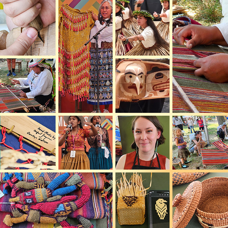 A montage of images from the festival. Top half: a handmade lacrosse stick, two young Bolivian women performing a hip-hop piece, artist Kandi McClinton, attendees watching a weaving demonstration, two baskets, and colorful knitted figures from Peru. Bottom half: a closeup of hands carving a wooden mask; an Ojibway woman holding a dress with heavy gold embroidery and rows of conical red bells; a group of Hawai’ian women dancing; a closeup of hands working a loom; a woman seated at a loom; and a dancer’s stylized eagle mask from the Pacific Northwest.