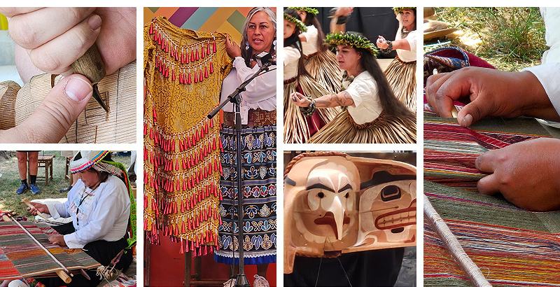A montage of images from the 2024 festival: a closeup of hands carving a wooden mask; an Ojibway woman holding a dress with heavy gold embroidery and rows of conical red bells; a group of Hawai’ian women dancing; a closeup of hands working a loom; a woman seated at a loom; and a dancer’s stylized eagle mask from the Pacific Northwest.
