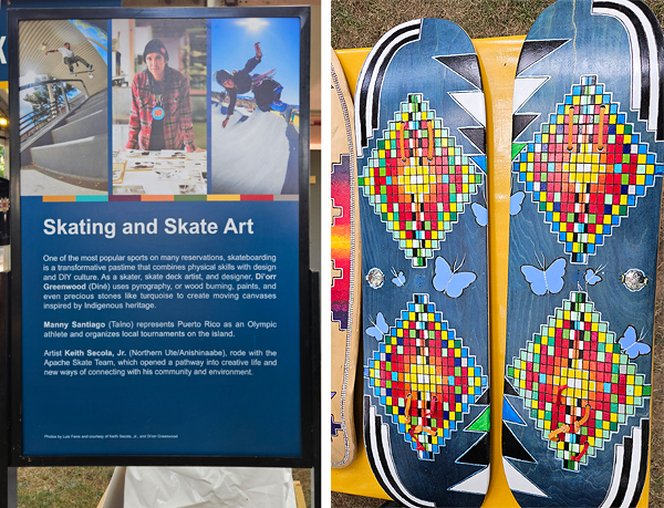 At left, the sign placed at the entrance to the Skating and Skate Art area.  It briefly describes three young artists/athletes. At right are decorated skateboards: blue backgrounds, lighter blue butterflies, and colorful geometrics.  Each board has two large square mosaics (set at 45 degrees) made of tiny multi-colored squares.