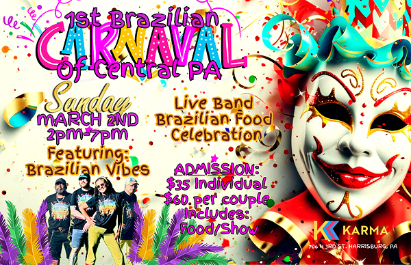 Poster for the Carnaval 2026 event. At right is a full-face mask, white with bright red full lips and slender red eyebrows. At bottom left is a picture of the band Brazilian Vibes. The text mentions live music and Brazilian food.