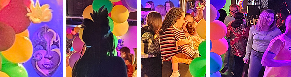 A montage of photos from the event. At left, a purple mask decoration with balloons. Next, a woman wearing a feather head-dress is silhouetted agasint brightly-colored balloons. Next, a woman holds a toddler on her hip while chatting with friends. Next, four people dance by balloon decorations.