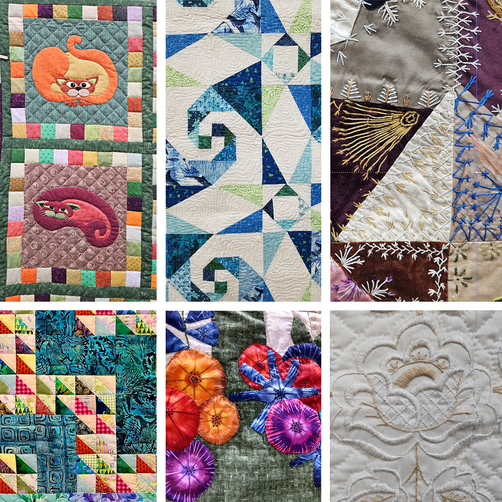 A montage of six quilt patterns. Top left is two squares of Veggie Cats: an orange cat curled in the shape of a pumpkin, and a maroon cat curled in the shape of an eggplant. Top center has blue swirls like cresting waves between long-pointed stars. Top right is a crazy quilt, with various shapes sewn together and ornately embroidered. Bottom right is a white quilt with a formal embroidered pattern of a stylized flower. Bottom center is bright-colored flowers appliqued on green. Bottom left has blue-green zigzags alternating with bright-colored zigzags.