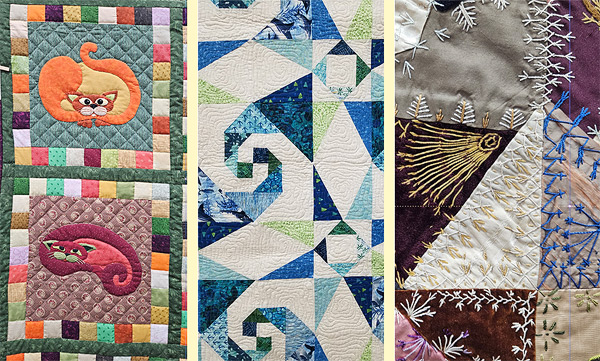 A montage of six quilt patterns. Top left is two squares of Veggie Cats: an orange cat curled in the shape of a pumpkin, and a maroon cat curled in the shape of an eggplant.  Top center has blue swirls like cresting waves between long-pointed stars. Top right is a crazy quilt, with various shapes sewn together and ornately embroidered. 