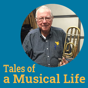 Text: Tales of a Musical Life (with a circular image of an older man, John Gourker, holding a trombone