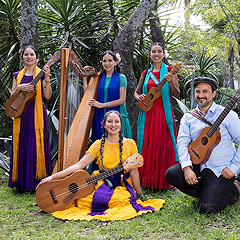 Caña Dulce y Caña Brava: several women wearing colorful dresses and holding traditional Mexican instruments, including a large harp, along with one man holding a small guitar-shaped instrument.