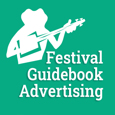 graphic button: the words Festival Guidebook Advertising with our festival frog